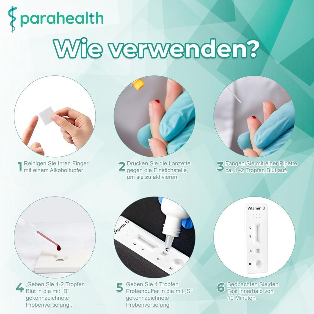 Schritt-für-Schritt-Anleitung zur Anwendung eines Vitamin-D-Schnelltests mit Fingerstich.