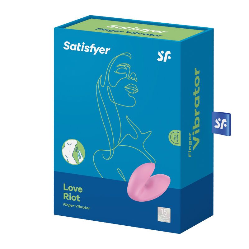 Verpackung von Satisfyer. Blau mit Produktabbildung und Schriftzug 'Love Riot Finger Vibrator'.
