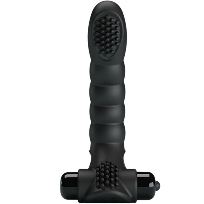 Schwarzer Pretty Love Alexander Vibrator, Seitenansicht, mit geripptem Griff und Noppen.