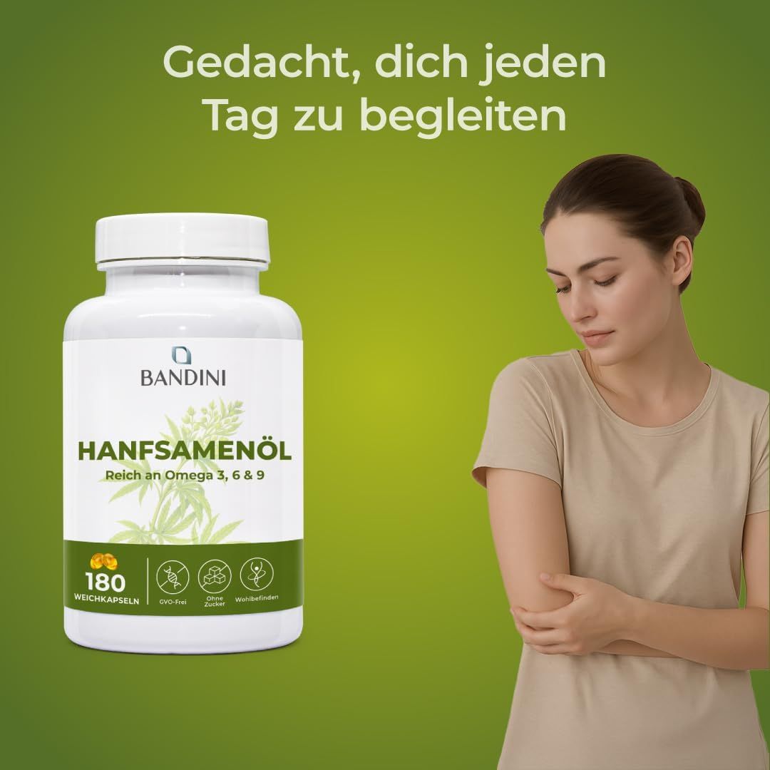 Bandini Hanfsamenöl, 180 Weichkapseln, natürliche Formel, ohne Zusatzstoffe.