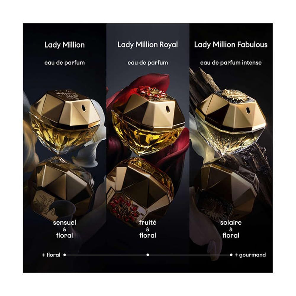 Drei goldene Flakons. Lady Million, Lady Million Royal und Lady Million Fabulous. Schwarzer Hintergrund.