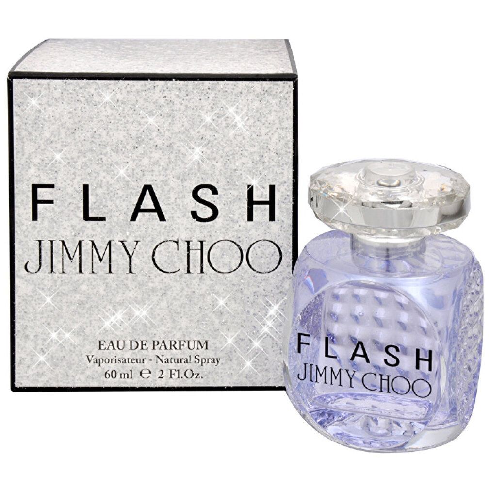 Parfümflakon und Verpackung. Aufschrift FLASH JIMMY CHOO. Flakon mit silbernem Deckel. Verpackung mit Glitzer.