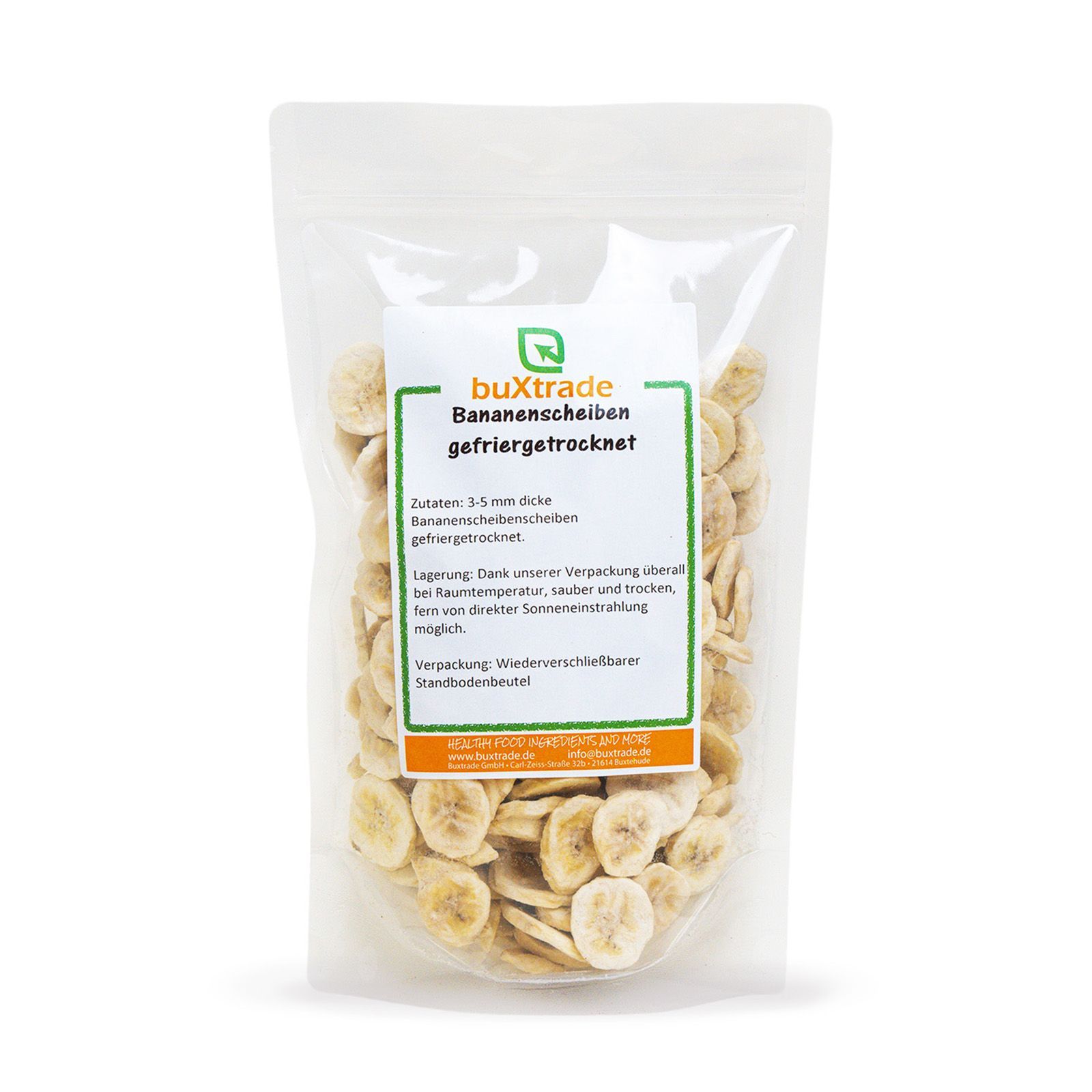 Transparente Verpackung mit gefriergetrockneten Bananenscheiben. Aufdruck: buXtrade Bananenscheiben gefriergetrocknet.