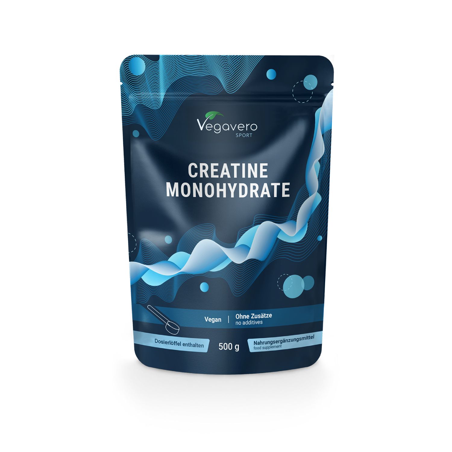 Beutel mit Creatin Monohydrat Pulver. Marke Vegavaro. 500g. Vegan. Mit Messlöffel.
