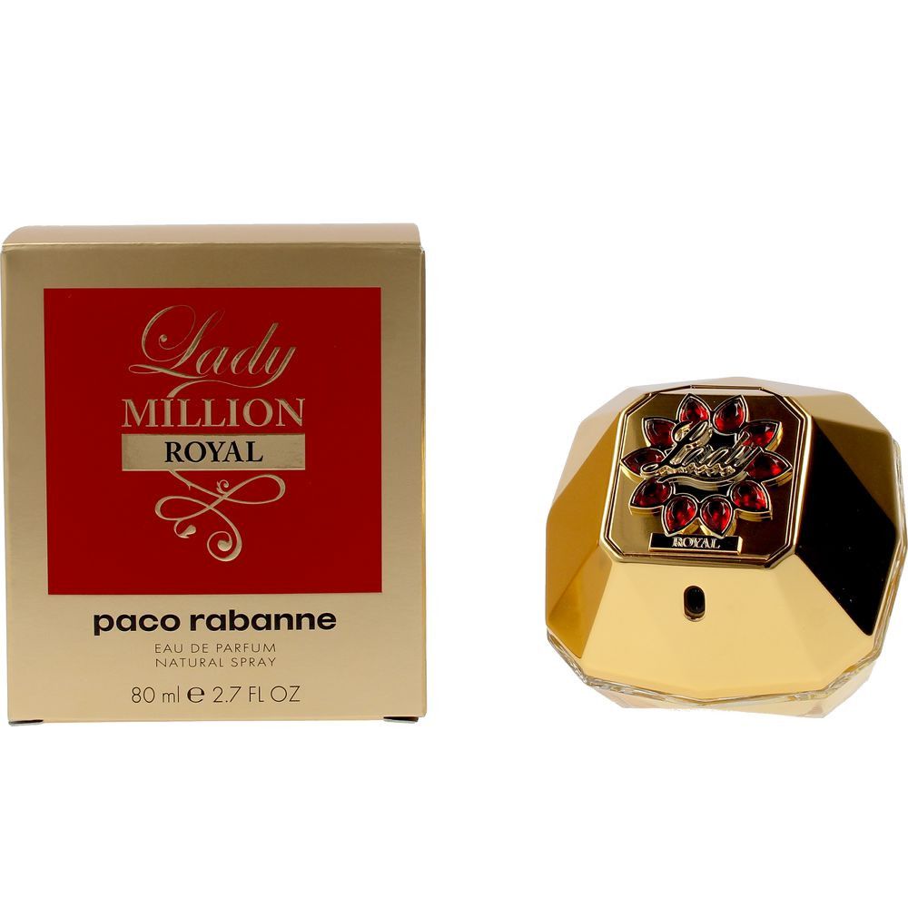Goldfarbener Flakon mit rotem Deckel. Daneben eine goldene Schachtel mit rotem Label und Schriftzug.