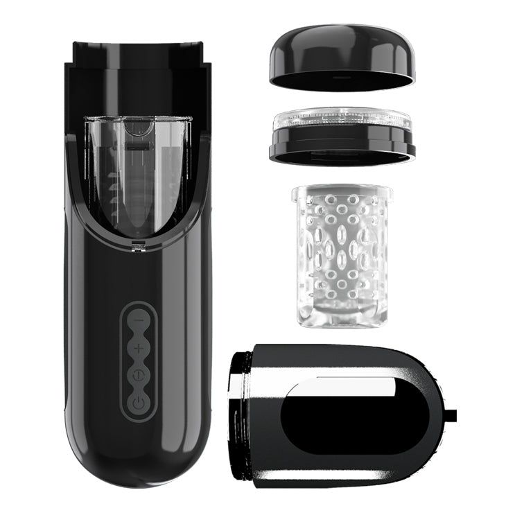 Explosionszeichnung eines schwarzen, zylindrischen Geräts. Mehrere Komponenten sind getrennt dargestellt.