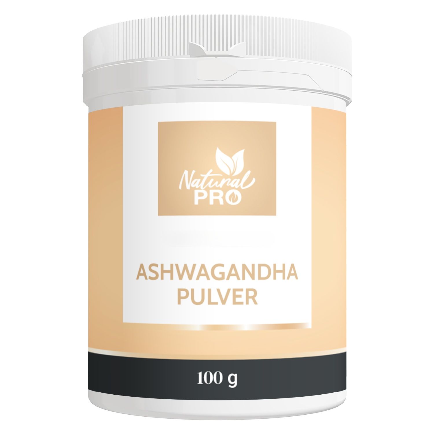 Eine Dose Ashwagandha Pulver, weißer Deckel, beiger Behälter, schwarzer Boden, Text: 100 g.