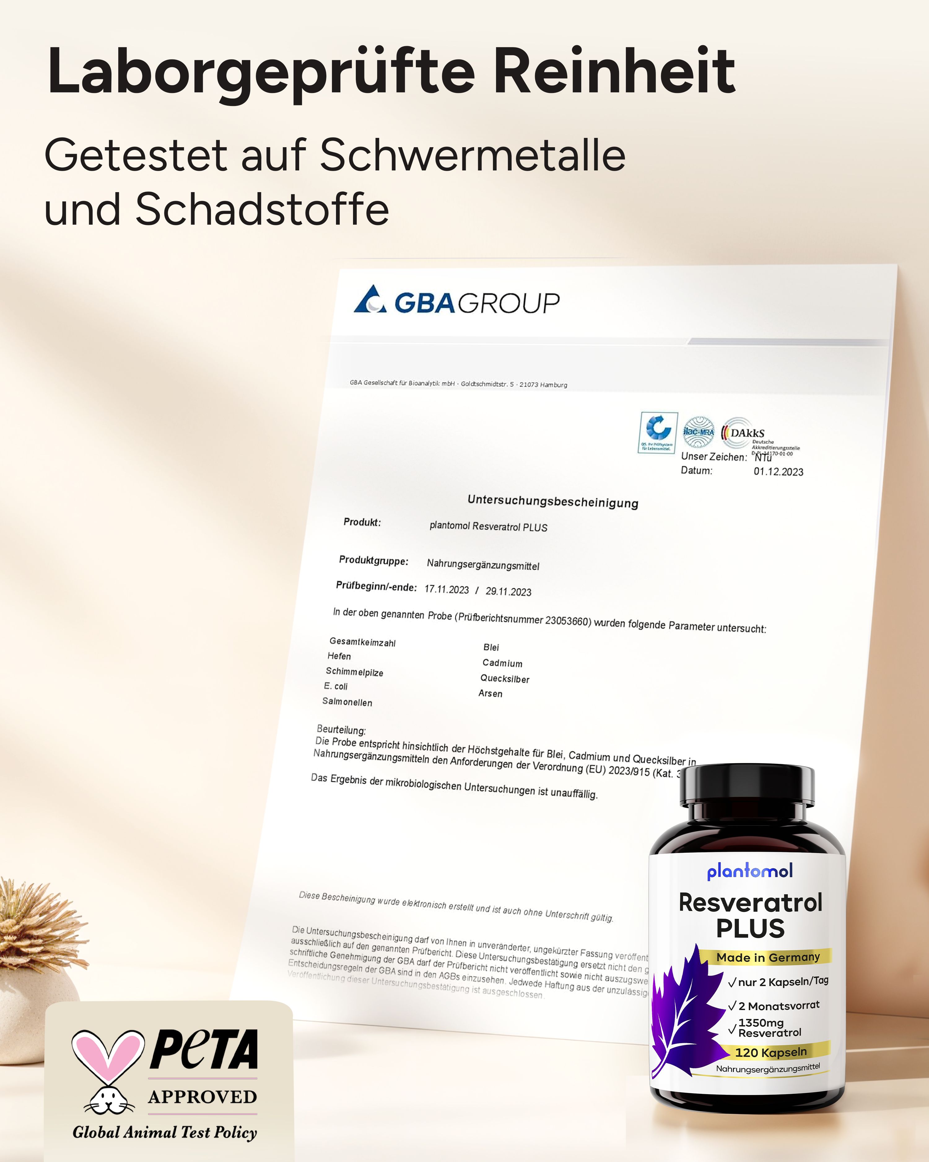 Laborgeprüfte Reinheit. Testbericht mit plantomol® Resveratrol PLUS. PETA-Logo.