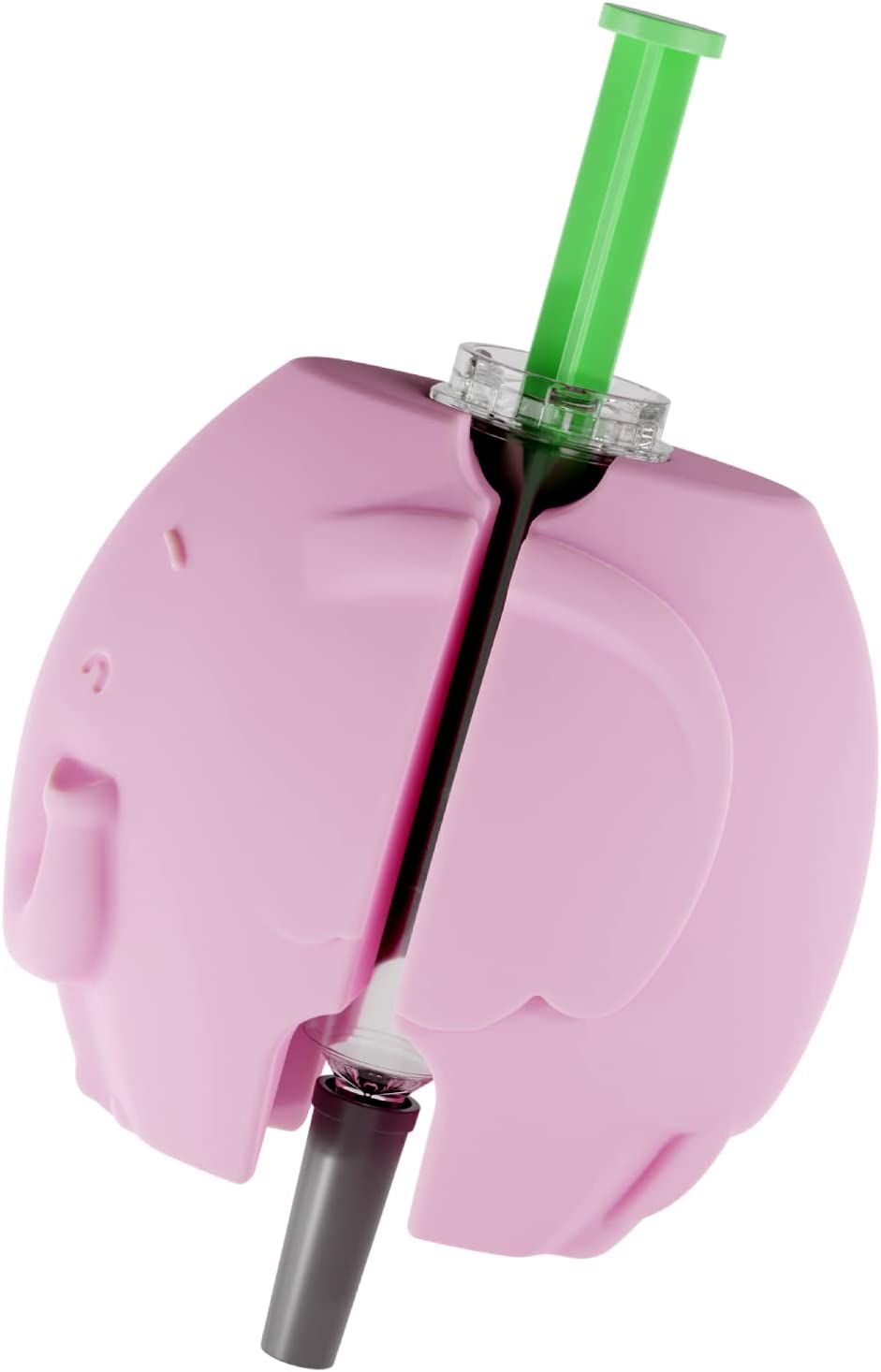 Rosa Spritzenhilfe mit eingesetzter Spritze. Grüner Kolben sichtbar. Elefantenform.