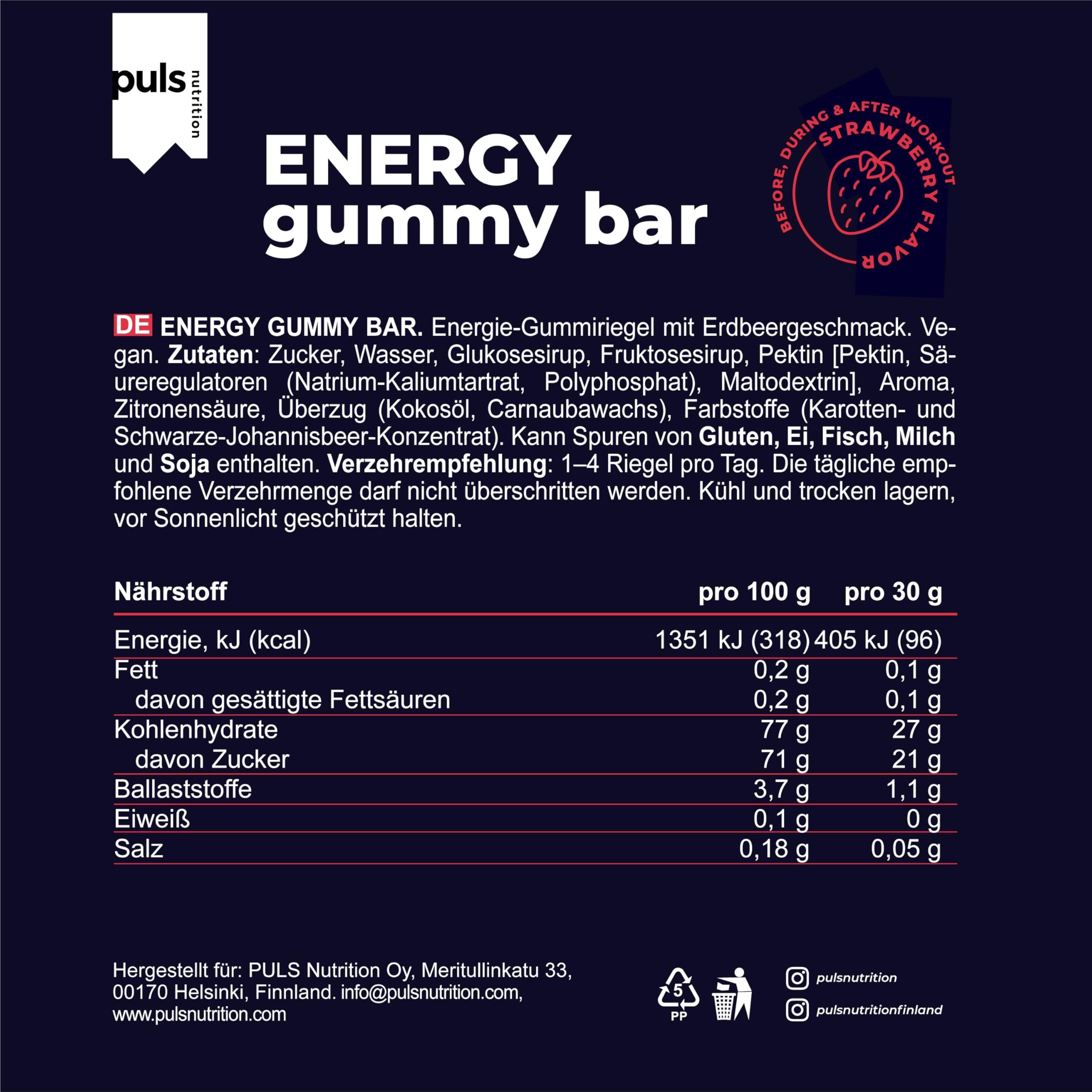 Verpackung eines Puls Nutrition Energy Gummy Bars mit Nährwertangaben und Inhaltsstoffen.