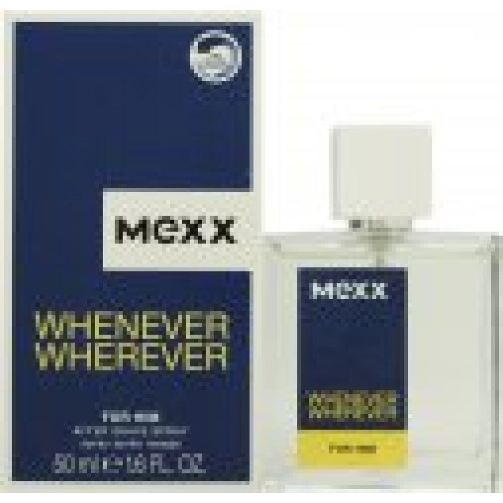 Flakon und Verpackung. Flakon mit weißem Deckel. Verpackung mit blauer Schrift: MEXX, WHENEVER WHEREVER, 50 ml.