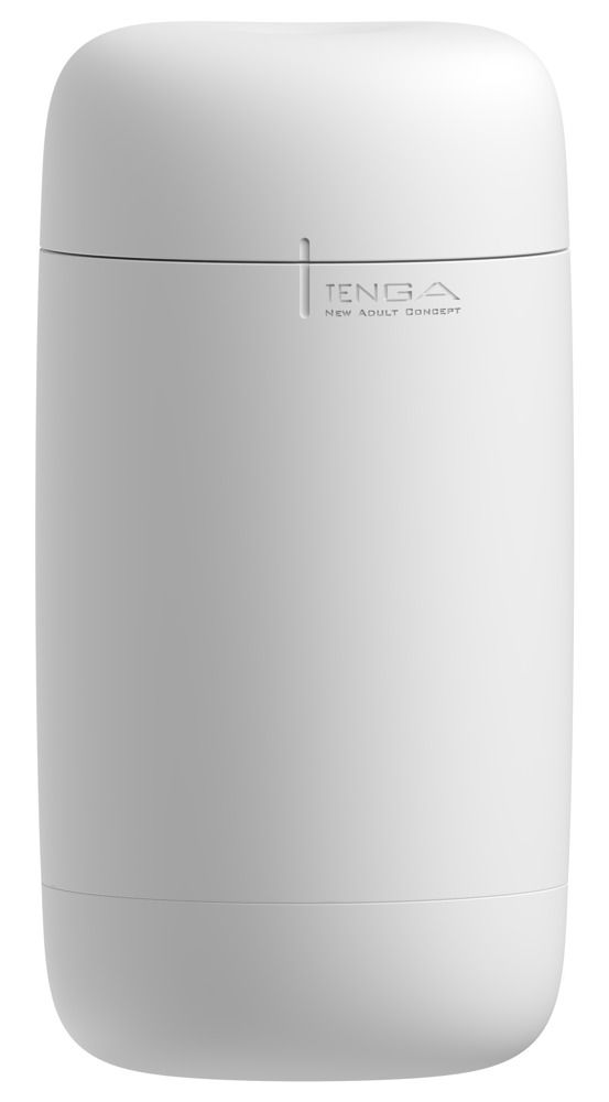 Weißes, zylindrisches Produkt mit abgerundeten Enden. Geprägt: TENGA NEW ADULT CONCEPT.
