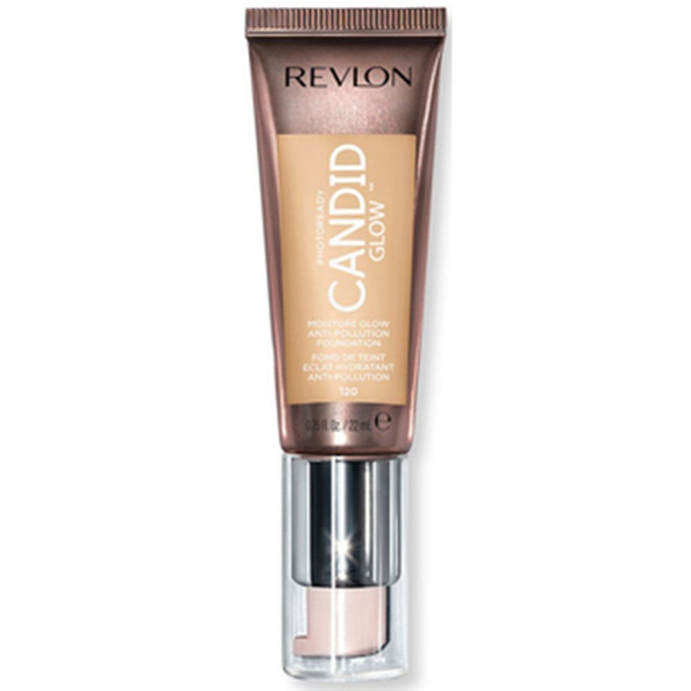 Revlon PhotoReady Candid Glow Foundation. Tube mit Pumpe. Text: Moisture Glow Anti-Pollution Foundation. Farbton 120.