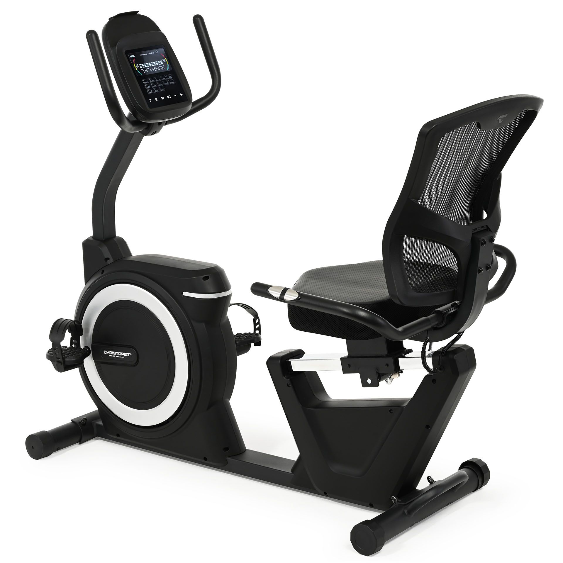 Ergometer. Schwarzes Gerät mit Sitz, Lenker und Pedalen. Bildschirm und Armlehnen. Schwarze Farbe.