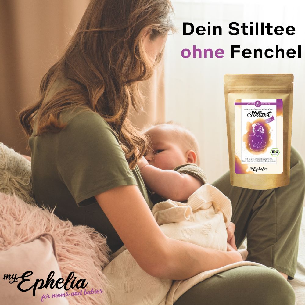 Frau stillt Baby. Aufdruck auf der Verpackung: Stillzeit ohne Fenchel. myEphelia Logo.