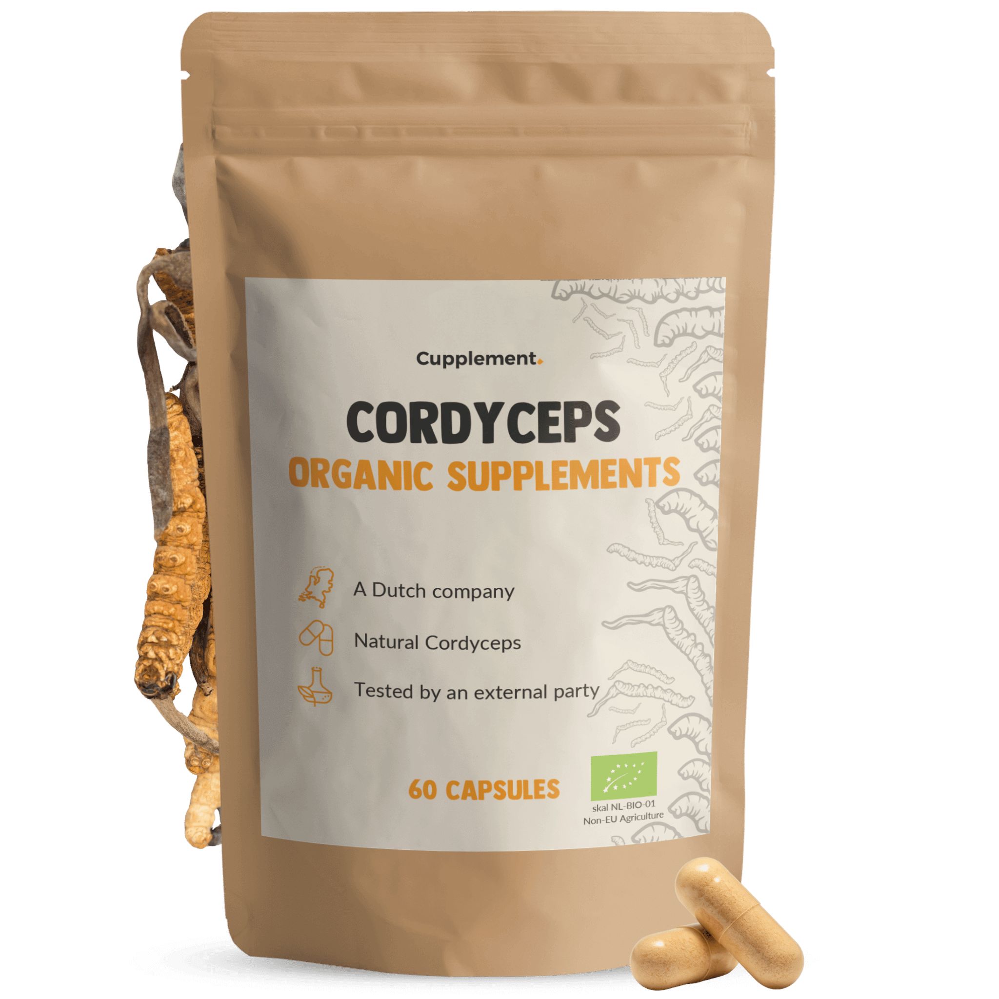 Braune Tüte mit Aufdruck. Enthält Cordyceps Organic Supplements. 60 Kapseln. Mit Bio-Siegel. Einige Kapseln liegen daneben.