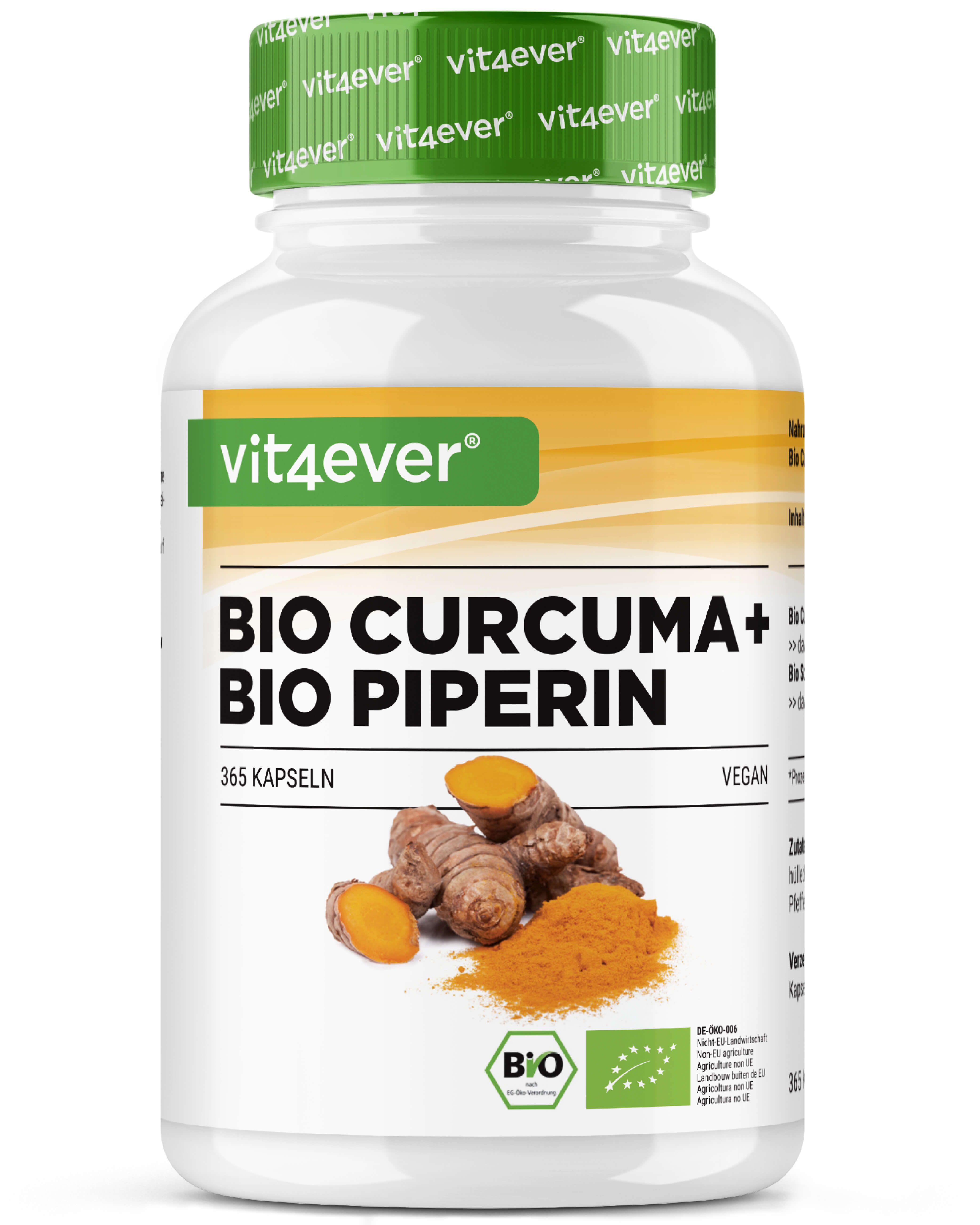 Weiße Flasche mit grüner Kappe. Aufschrift: Bio Curcuma + Bio Piperin. Enthält 365 Kapseln. Bio-Siegel.