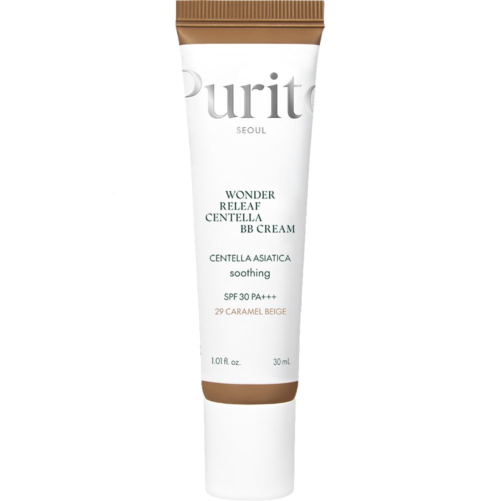 Creme-Tube mit Produktinformationen. Text: Wonder Releaf Centella BB Cream, SPF 30 PA+++, 29 Caramel Beige. Marke: Purito.
