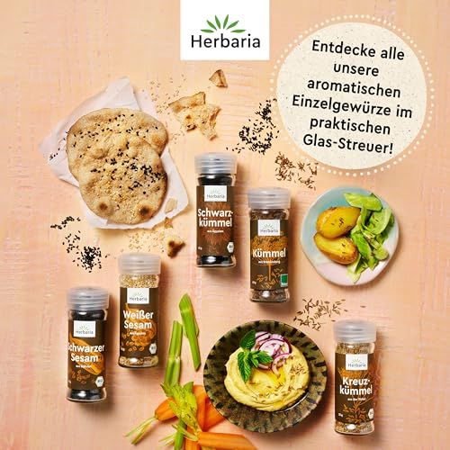 Herbaria Gewürze in Glasstreuern neben Brot und zubereiteten Speisen. Mit Kreuzkümmel und Koriander.