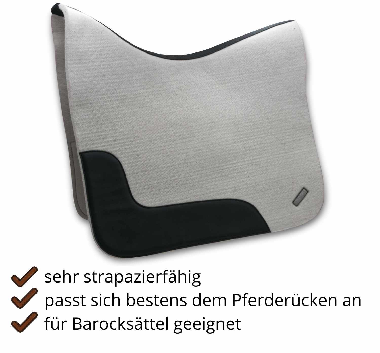 Graue Filzschabracke mit schwarzem Lederbesatz. Text: strapazierfähig, passt sich an, für Barocksättel geeignet.