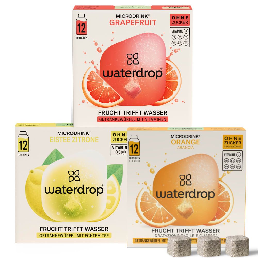 Drei Schachteln waterdrop® Microdrink. Grapefruit, Zitrone und Orange. Jede Schachtel enthält 12 Portionen. Auf jeder Schachtel steht "Ohne Zucker".