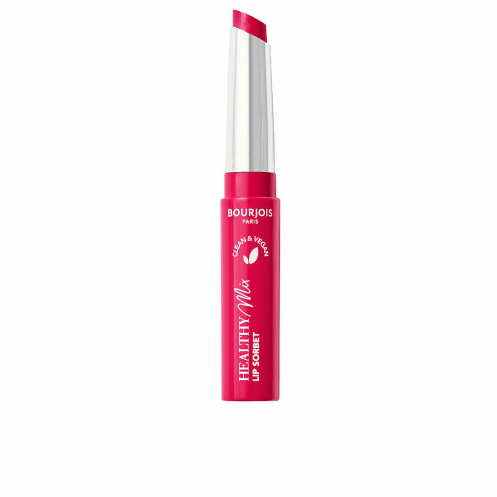 Lippenstift in Pink. Weißer Deckel. Aufschrift: Healthy Mix Lip Sorbet, Clean & Vegan.