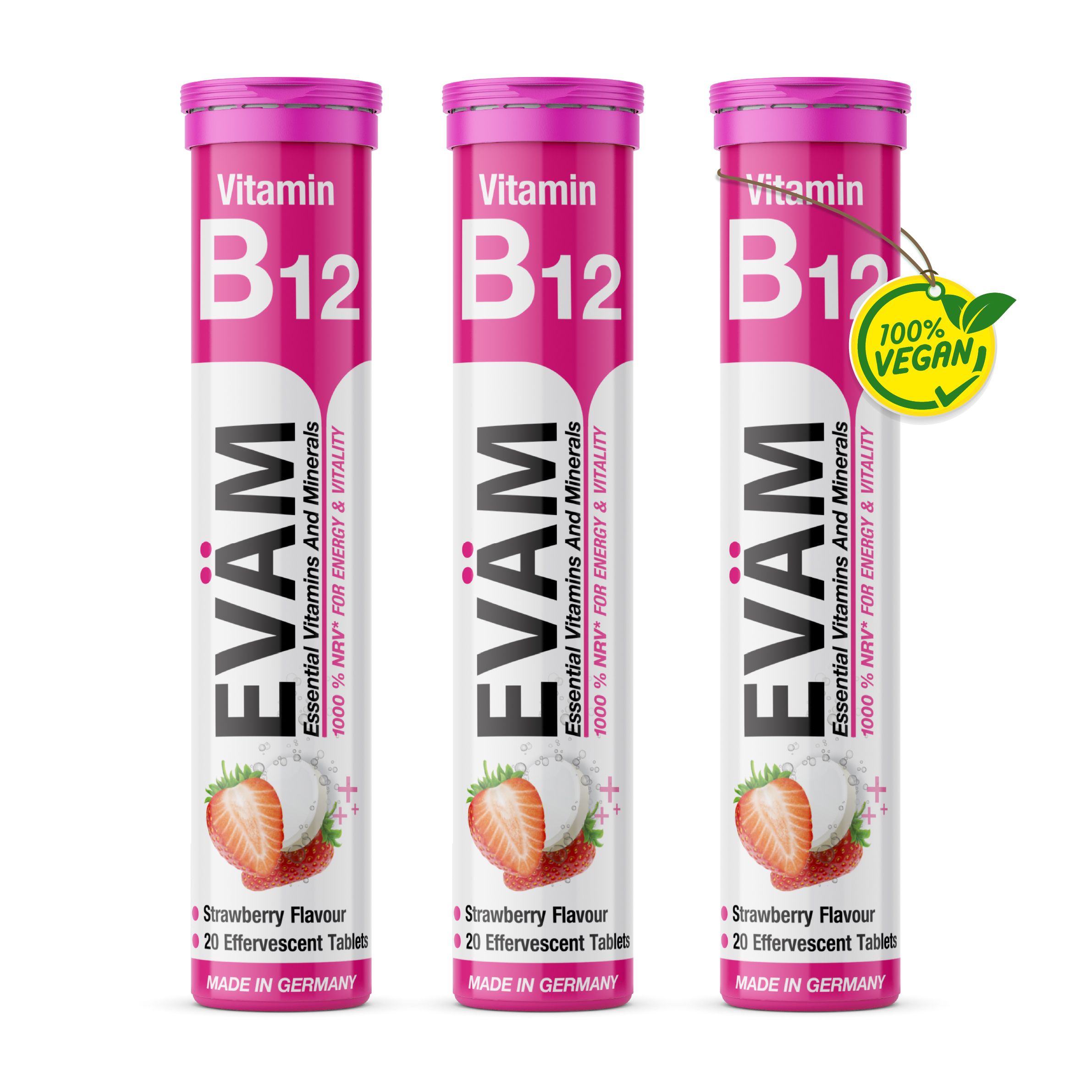 Drei Tuben EVÄM Vitamin B12 Brausetabletten, Erdbeergeschmack, 20 Stück pro Tube. Mit 100% vegan Siegel. Hergestellt in Deutschland.