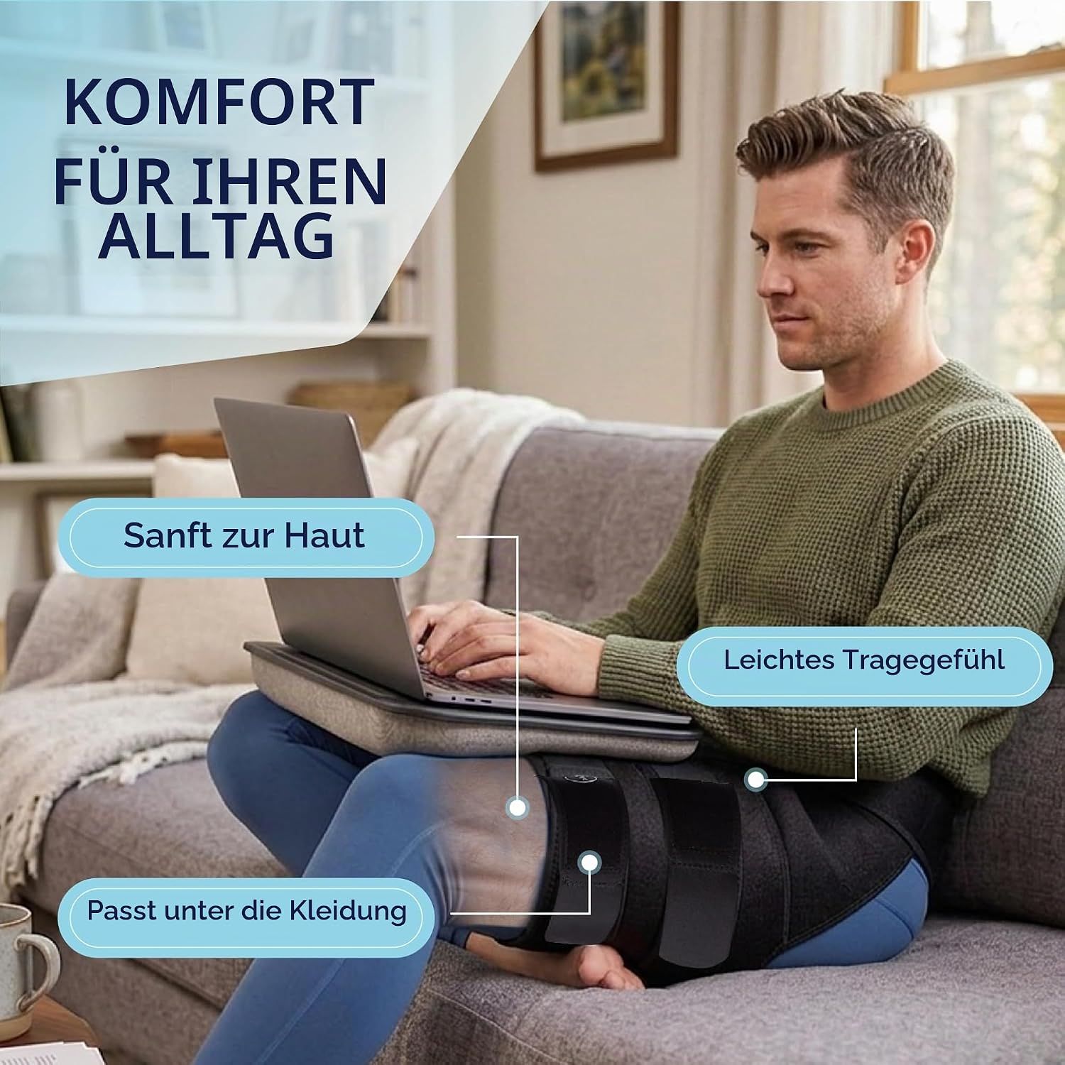 Mann mit Oberschenkel-Kompressionsschutz bei der Arbeit am Laptop. "Komfort für Ihren Alltag" steht auf dem Bild.