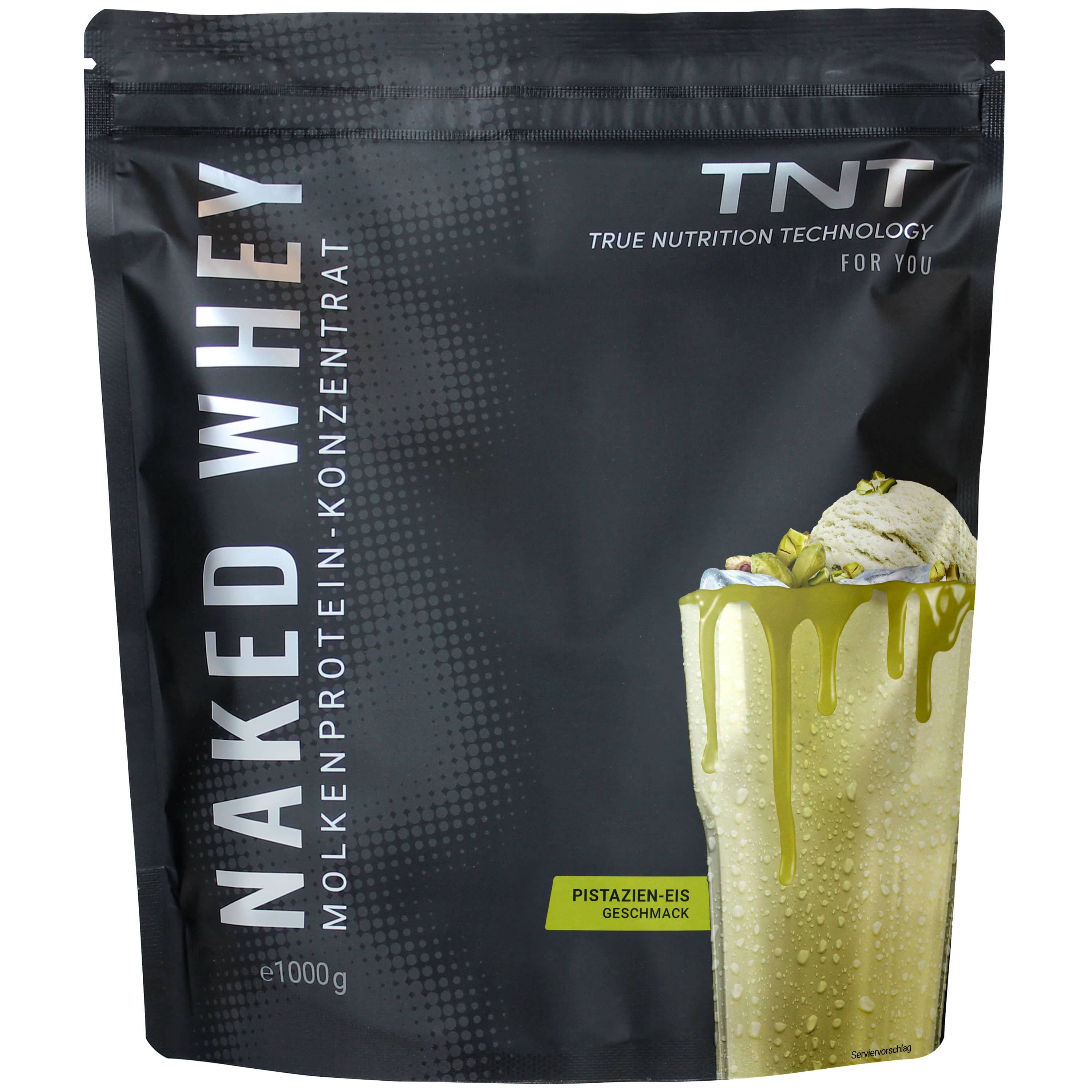 Schwarze Verpackung mit TNT Naked Whey. Pistazieneis-Geschmack. Aufschrift: Molkenproteinkonzentrat mit Laktase.
