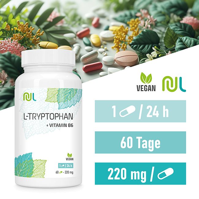 Weiße Flasche "L-Tryptophan + Vitamin B6". Vegan-Siegel. 60 Tage, 220 mg. Pillen im Hintergrund.