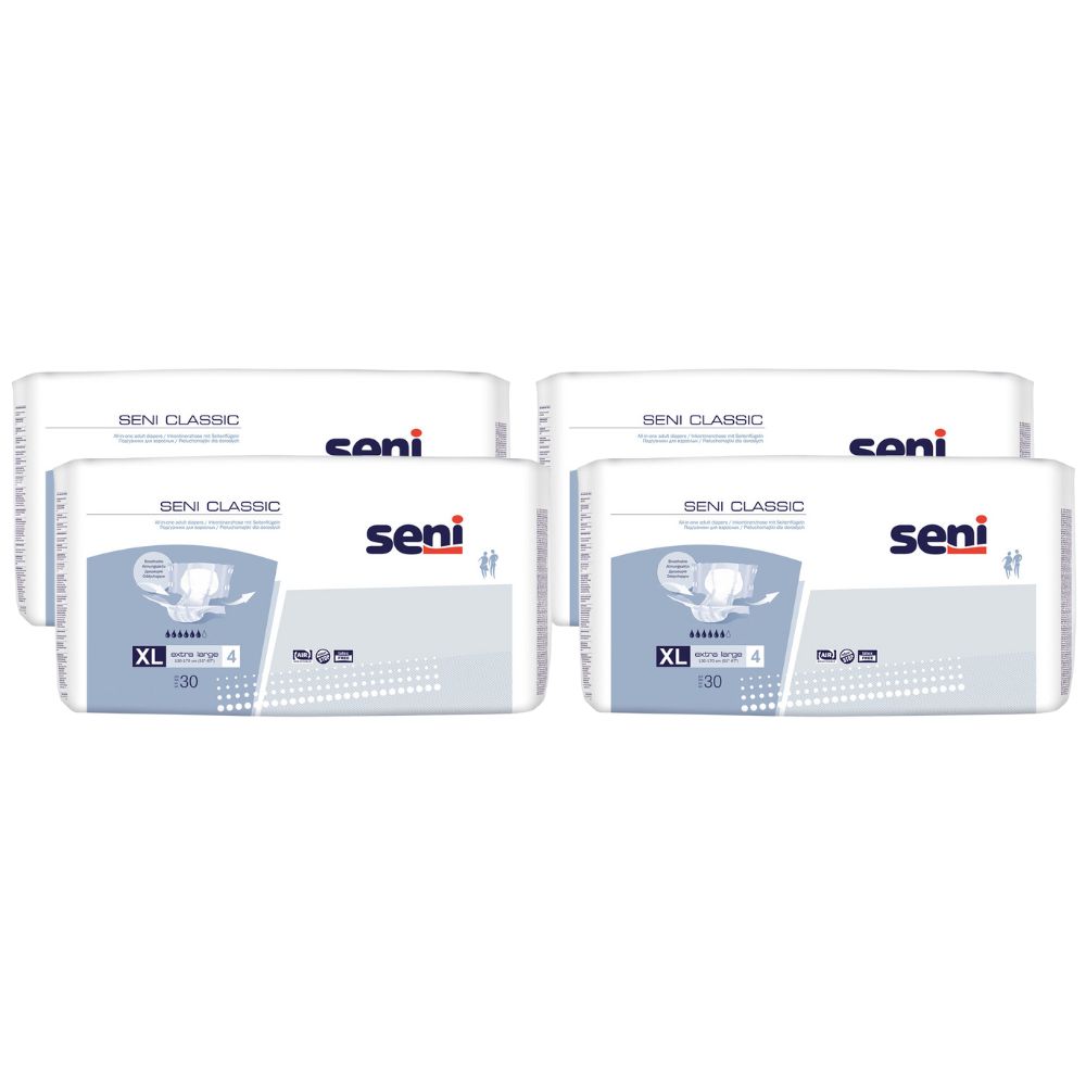 Mehrere Packungen Seni Classic XL. Weiße Verpackung mit blauer Schrift und Logo. Aufschrift "Seni Classic" und "XL".