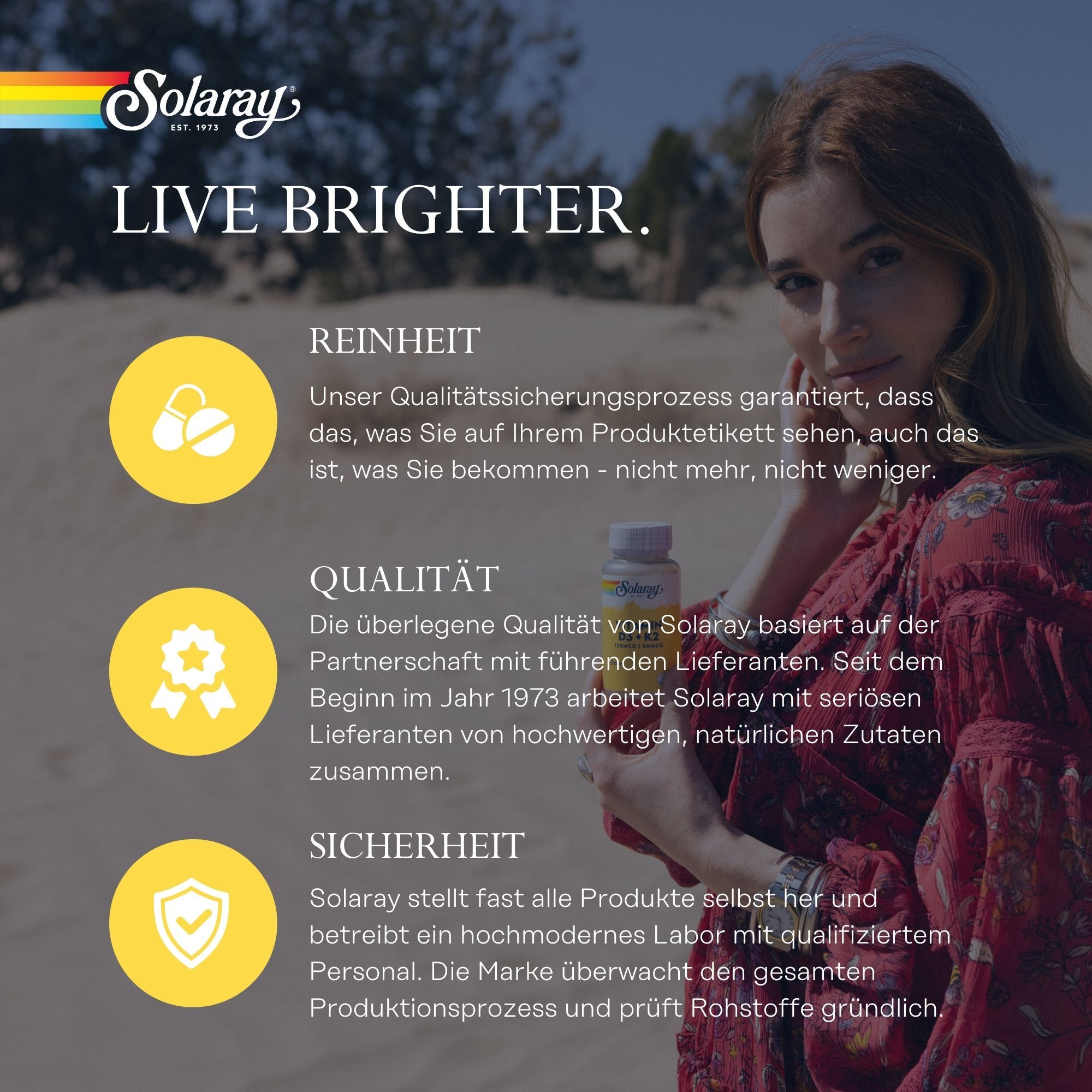 Solaray Logo. Text: Live Brighter. Text: Reinheit, Qualität, Sicherheit. Frau im Hintergrund.