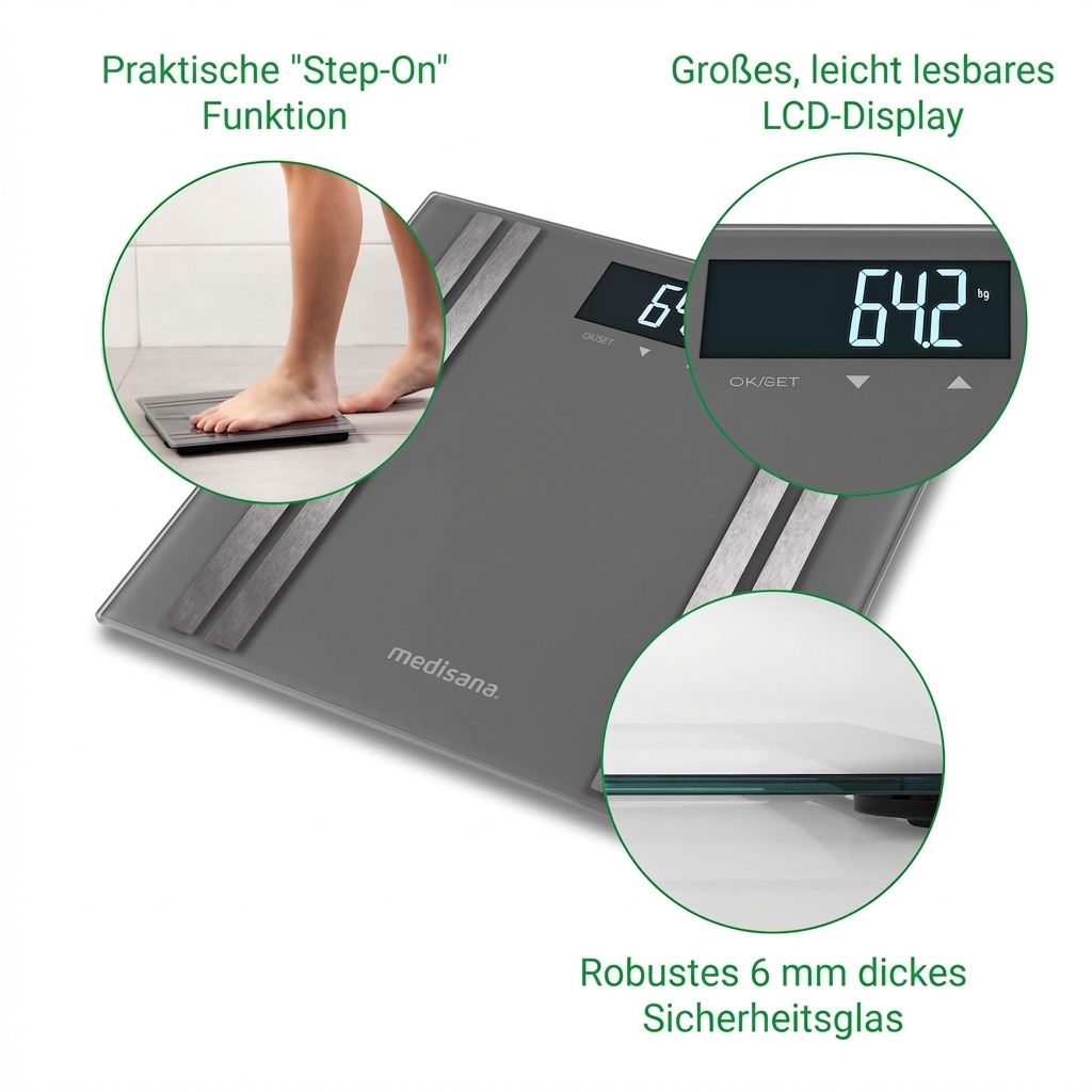 Graue Glaswaage mit "Step-On"-Funktion, LCD-Display und 6 mm Sicherheitsglas.