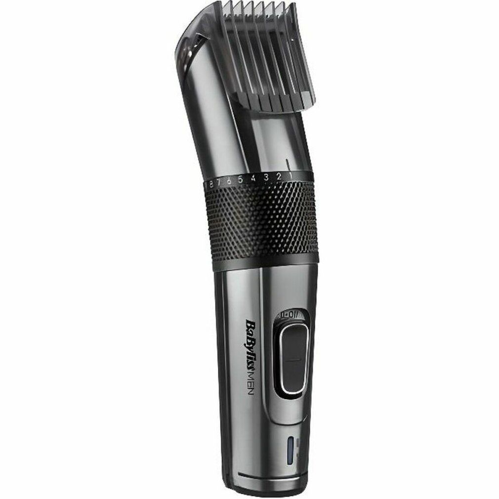 Haarschneider mit schwarzem Griff und silberfarbenem Scherkopf. Einstellbare Schnittlängen. Marke BaByliss MEN.