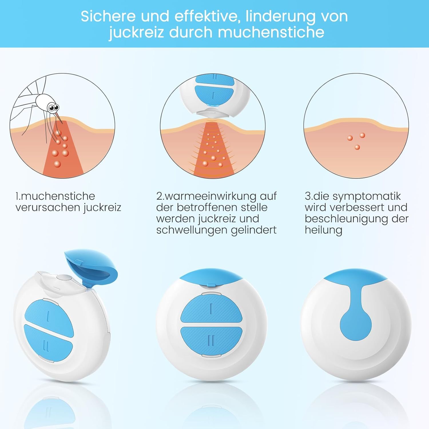 Drei Bilder zeigen den Prozess. Gerät weiß-blau. Text: 'Juckreiz lindern'.