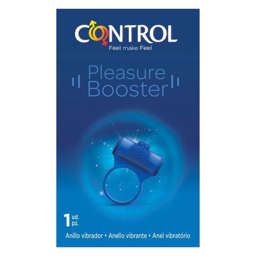 Verpackung des Control Pleasure Booster Vibrationsrings. Blaue Box mit Produktabbildung.