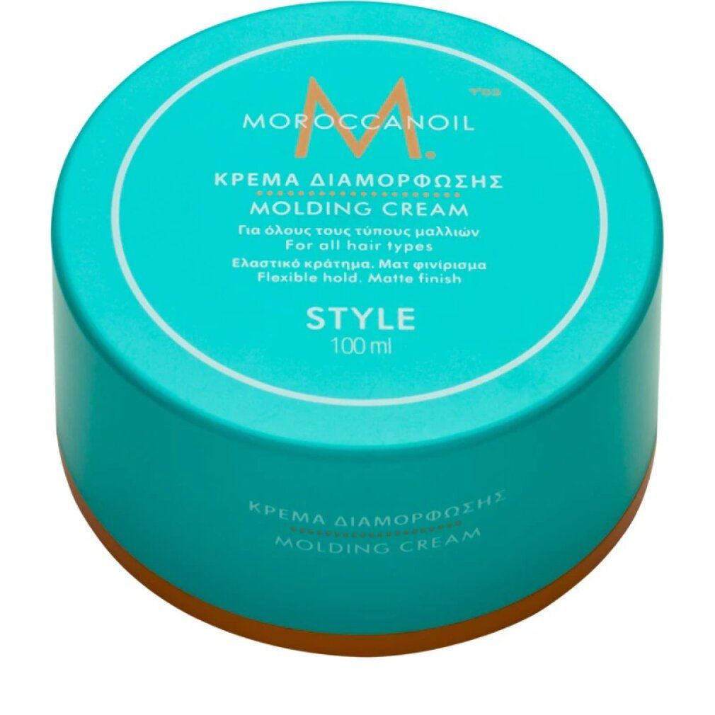 Türkisfarbene Dose mit weißem Deckel. Aufschrift: Moroccanoil Molding Cream. Orangefarbener Rand. Text: Style, 100 ml.