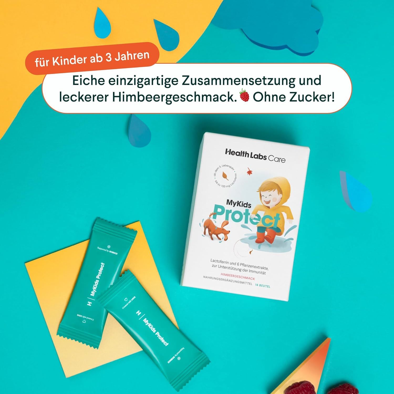 Zwei Beutel und Produktverpackung. Text: Für Kinder ab 3 Jahren. Einzigartige Zusammensetzung und Himbeergeschmack. Ohne Zucker.