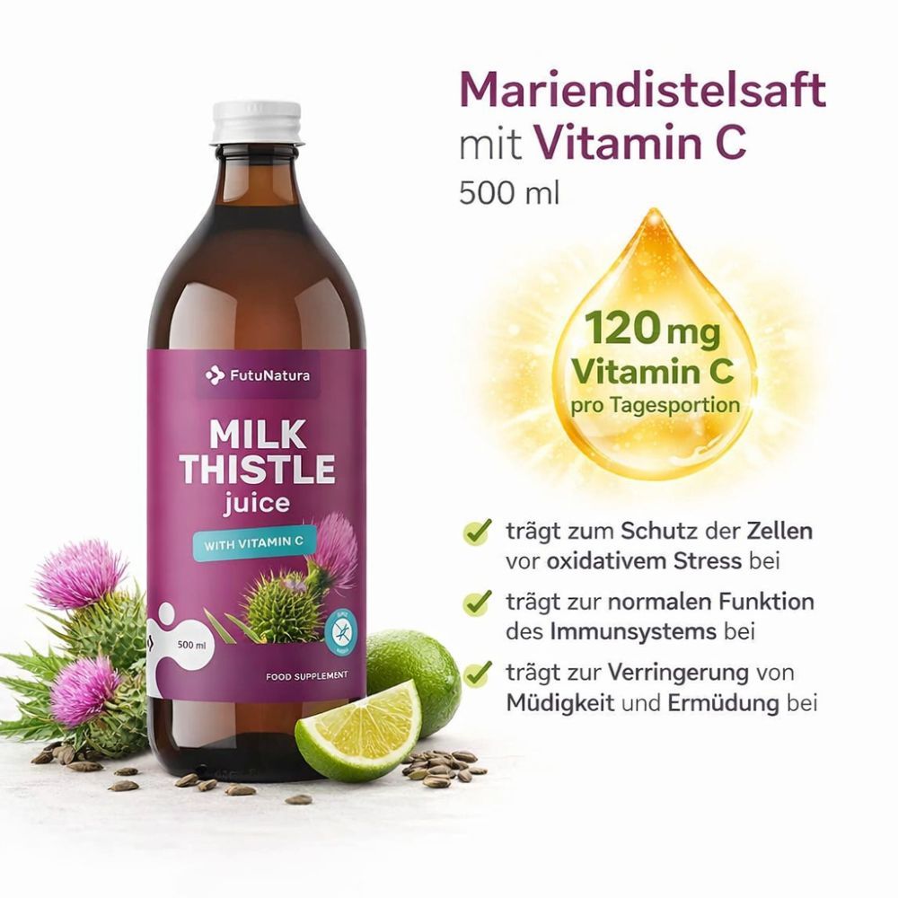 Flasche Mariendistelsaft mit Vitamin C, 500 ml. Mit Zitrone und Distel.