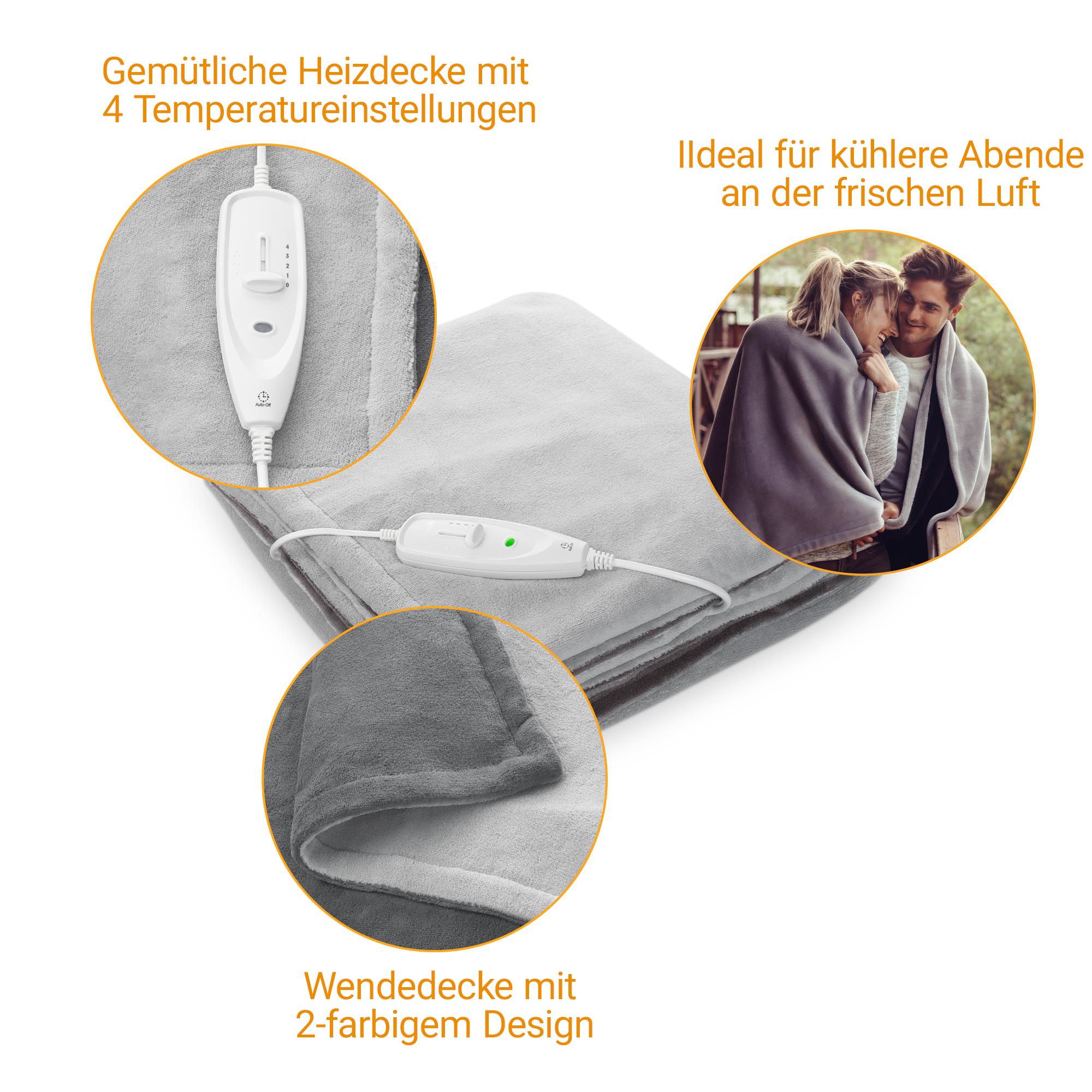 Graue Heizdecke mit Bedienelement und Hinweisen zu Funktionen.