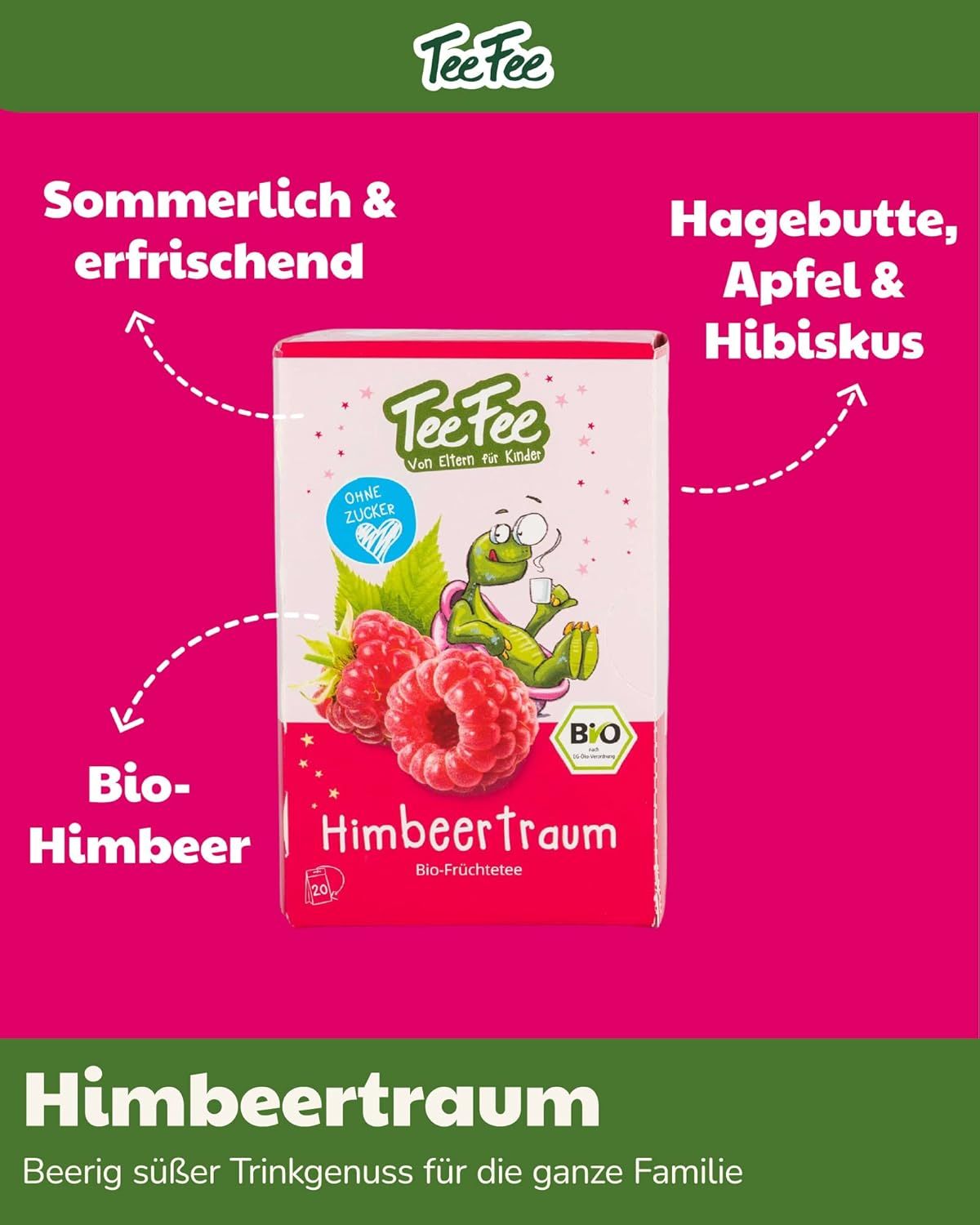 TeeFee Himbeer Traum Tee-Packung. Aufdruck: Himbeeren, Schildkröte, Bio-Siegel. Text: Bio-Himbeer, ohne Zucker. Sommerlich & erfrischend.