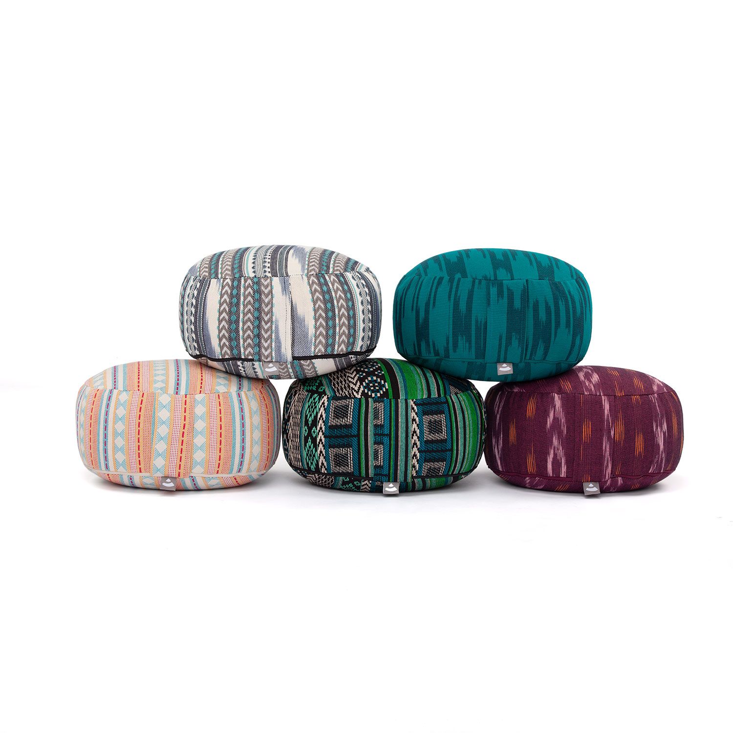 bodhi ETHNO Collection: Meditationskissen RONDO Ikat-Webstoff, weinrot gem., Dinkelhülsen