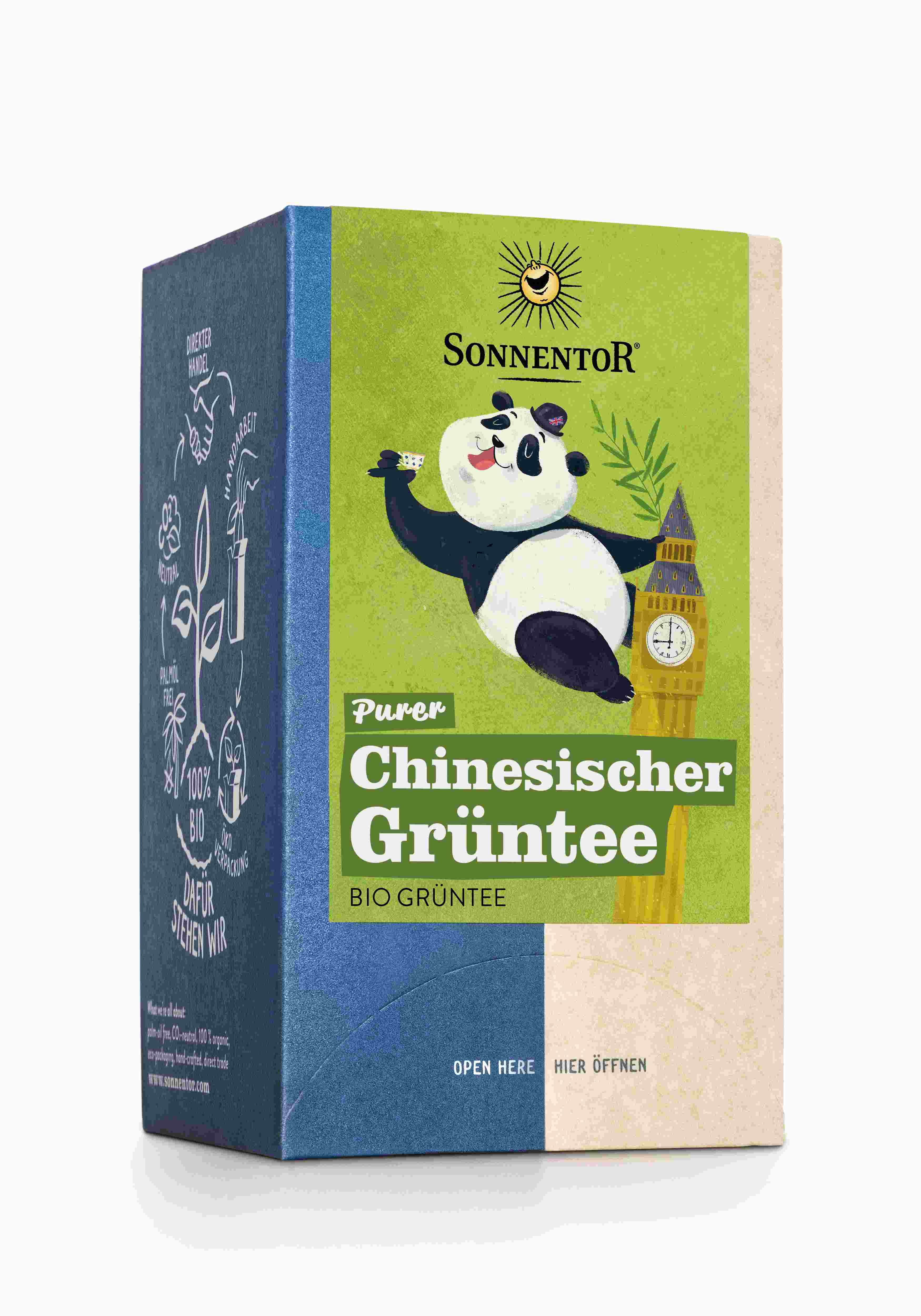 Verpackung von SonnentoR Purer Chinesischer Grüntee. Grün, blau und beige. Panda-Illustration mit Big Ben. Text: Purer Chinesischer Grüntee, Bio Grüntee.