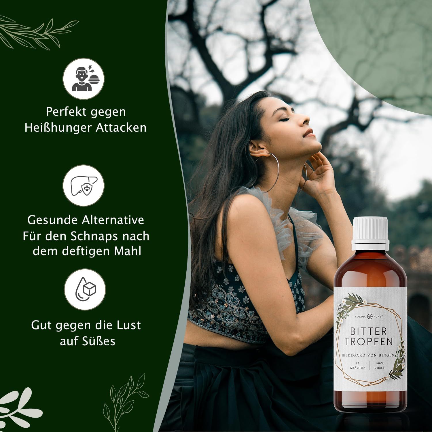 Frau mit geschlossenen Augen, Flasche im Vordergrund. Text: Perfekt gegen Heißhunger, gesunde Alternative, gut gegen die Lust auf Süßes. Produkt sichtbar.