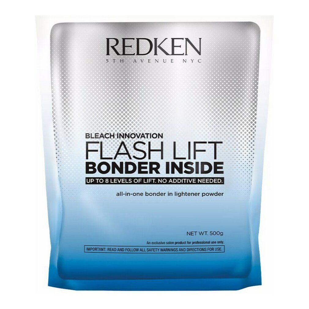 Redken Flash Lift Bonder Inside. Beutel mit Produktinformationen. Text: Flash Lift Bonder Inside, bis zu 8 Stufen Aufhellung, kein Zusatz erforderlich.