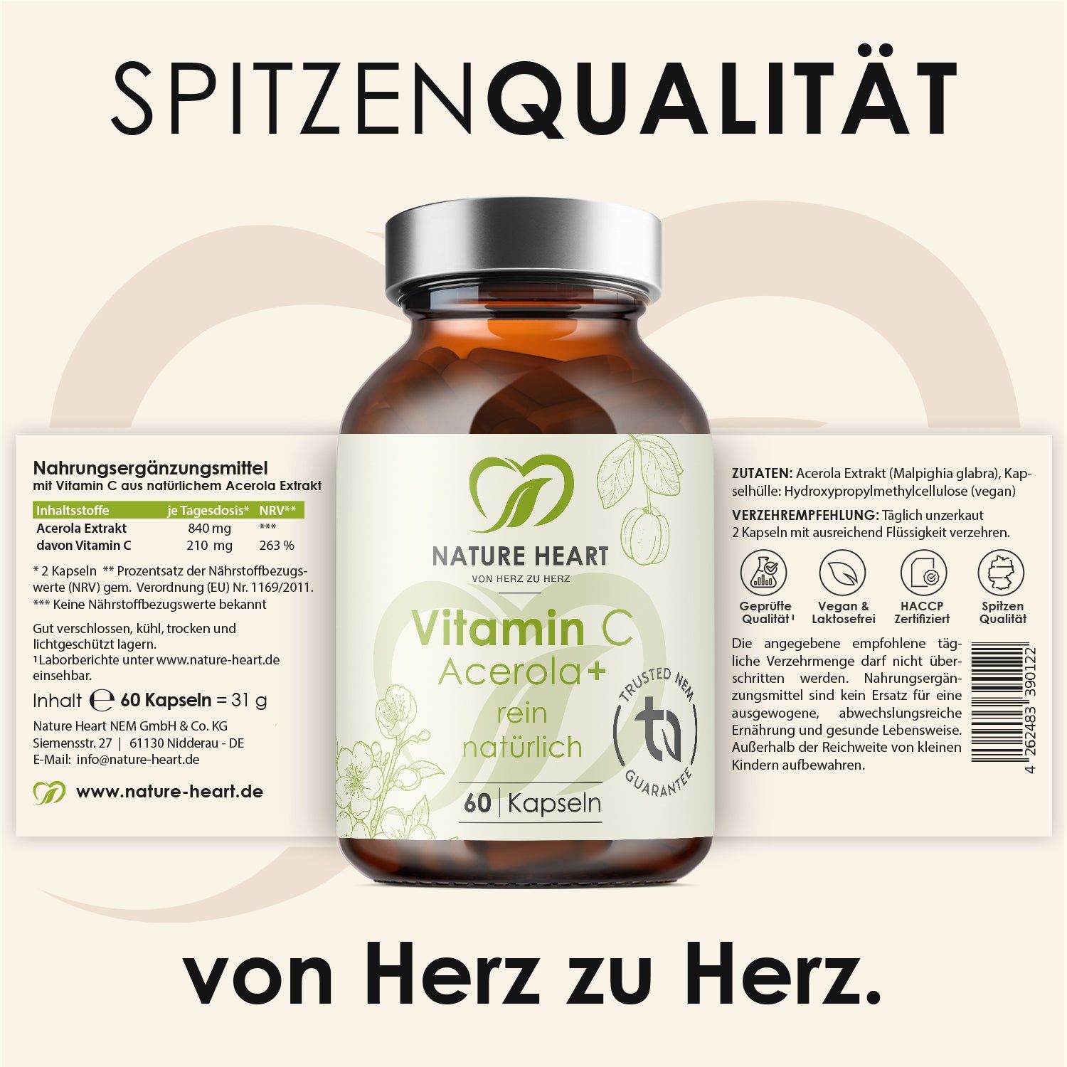 Braune Glasflasche mit Kapseln. Aufschrift: Nature Heart Vitamin C Acerola+, 60 Kapseln. Text: Nahrungsergänzungsmittel. Zutatenliste.