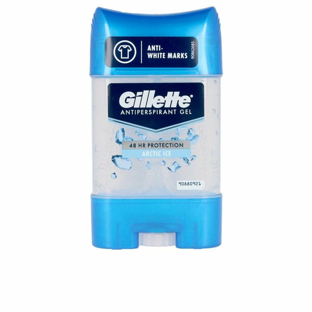 Deo-Gel in blau-transparenter Verpackung. Schriftzug: Gillette, Antiprerspirant Gel, Arctic Ice. Anti-White Marks.