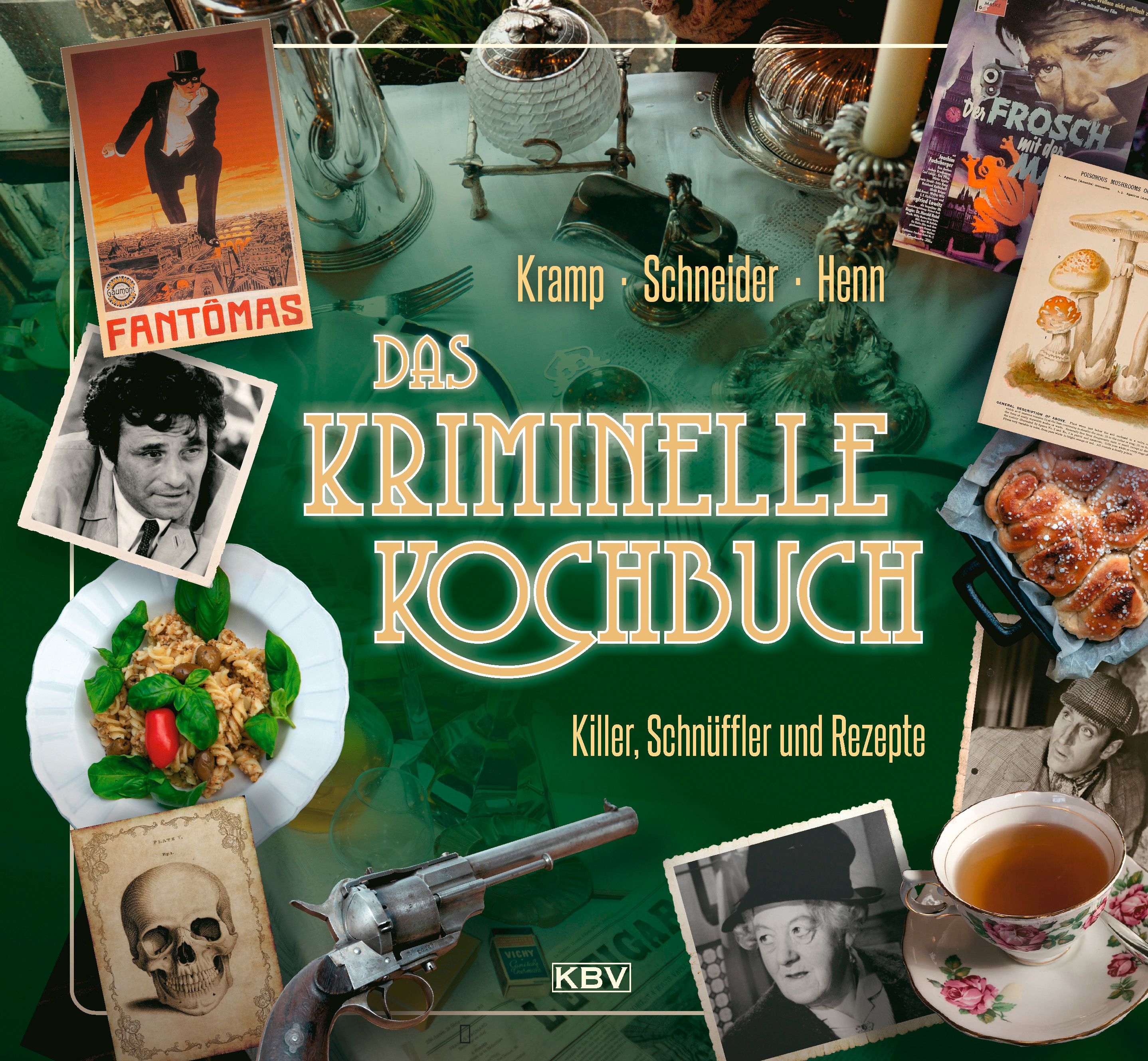 Kochbuch mit Titel "Das kriminelle Kochbuch". Cover mit Illustrationen, u.a. Pistole, Totenkopf, Essen.