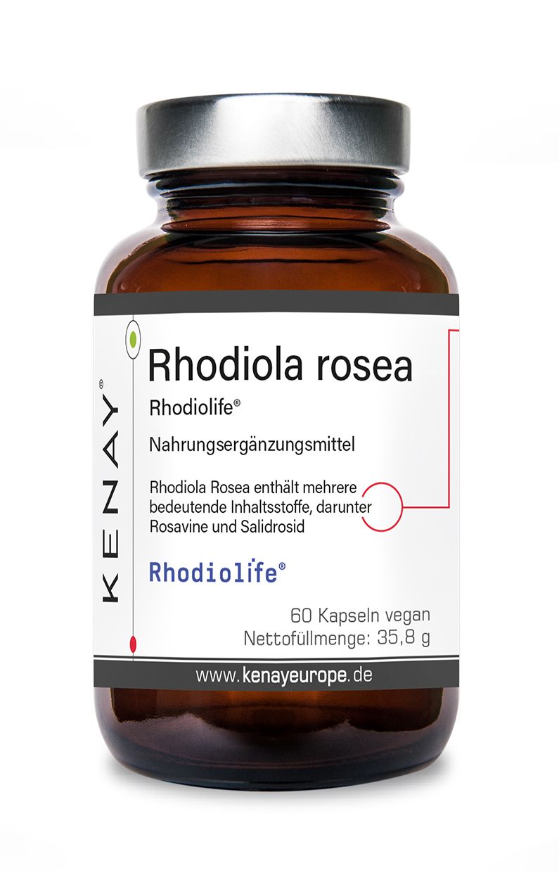 Braune Glasflasche mit weißem Etikett. Aufschrift: Rhodiola rosea, Rhodiolife®, Nahrungsergänzungsmittel, KENAY. 60 Kapseln vegan.