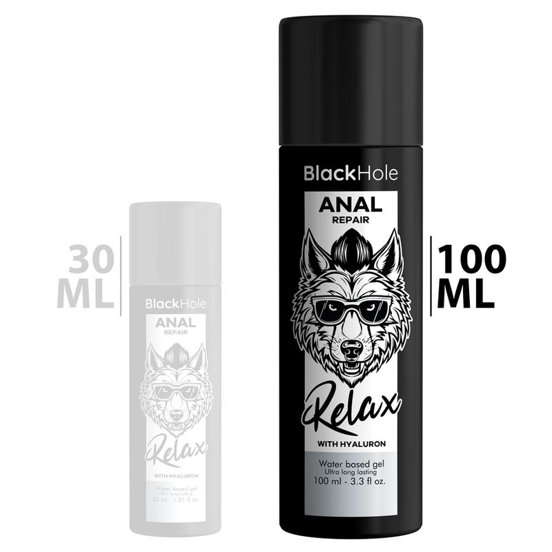 Zwei Flaschen. Eine 30 ml, die andere 100 ml. Beide mit "Black Hole Anal Repair" und Wolf-Design. Text: "Relax with Hyaluron".